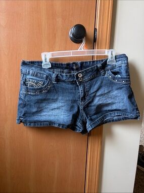 Angels Dark Blue Denim Jean Shorts with Studded Pockets